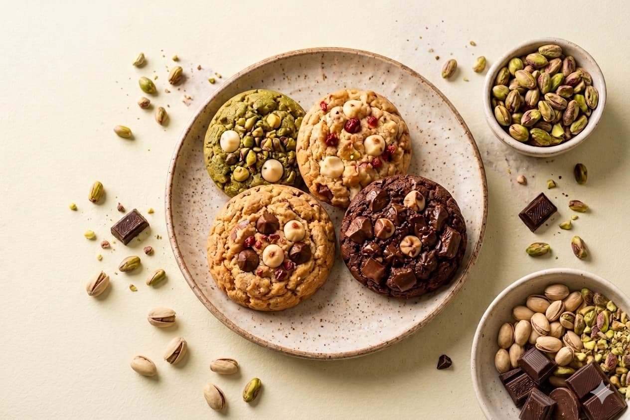 Imagen ilustrativa de un plato con cuatro cookies, chocolate y pistachos, proporcionada por Que Cookies
